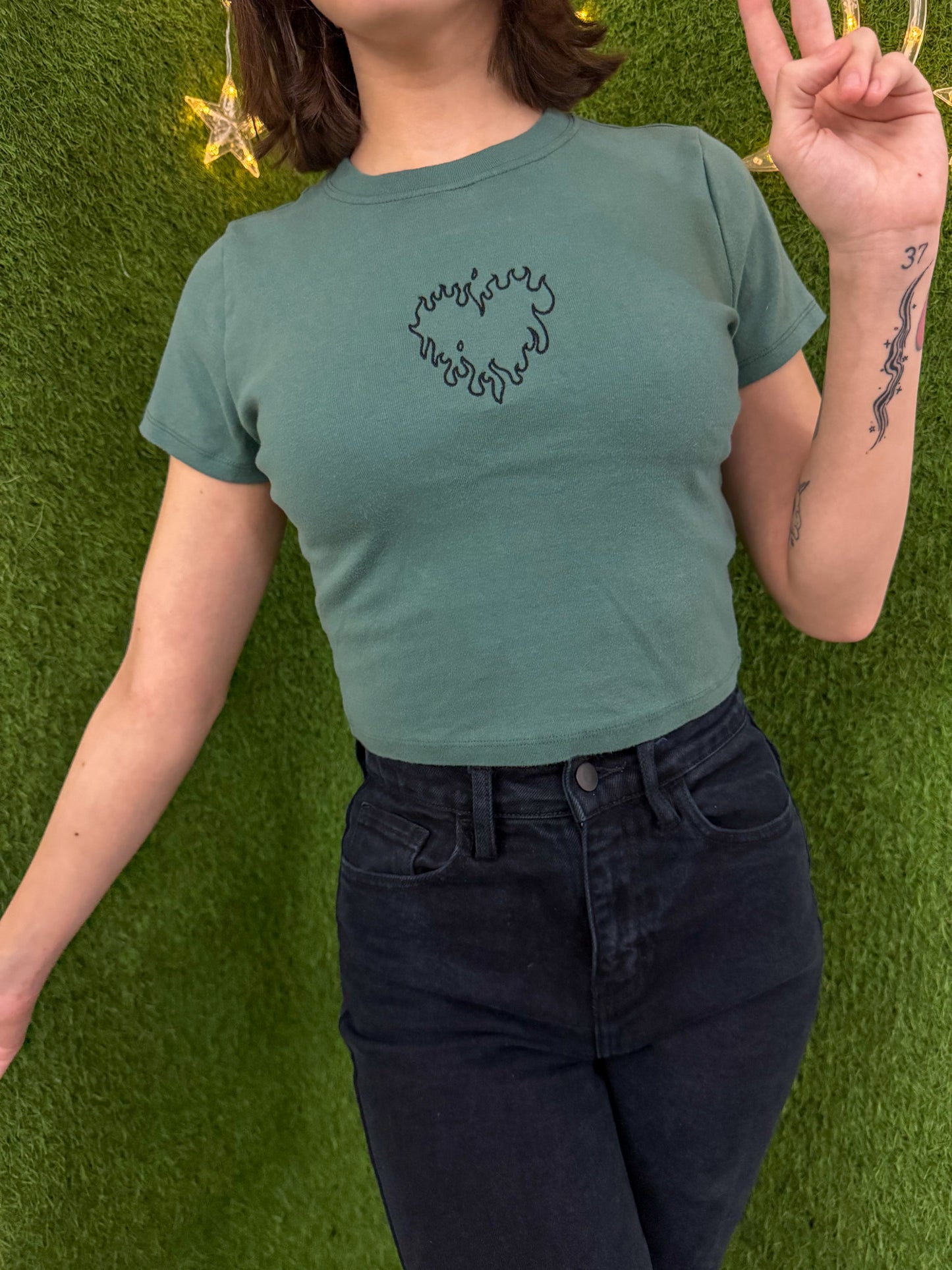 Teal Flame Heart Baby Tee M