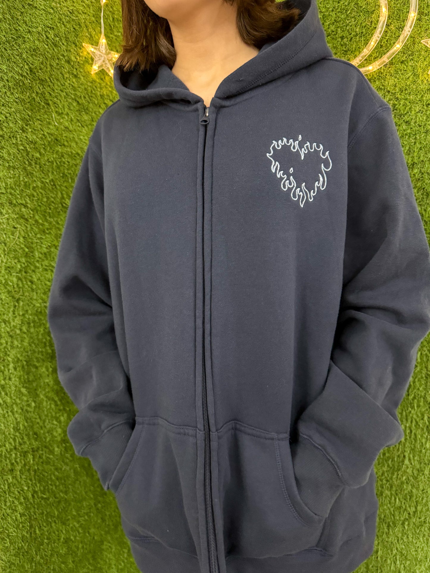 Navy Flame Heart Zip Up Hoodie 2XL