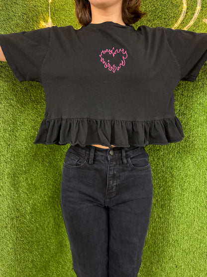 Black Flame Heart Peplum Cropped T-Shirt S