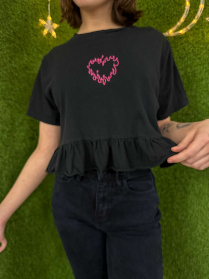 Black Flame Heart Peplum Cropped T-Shirt S