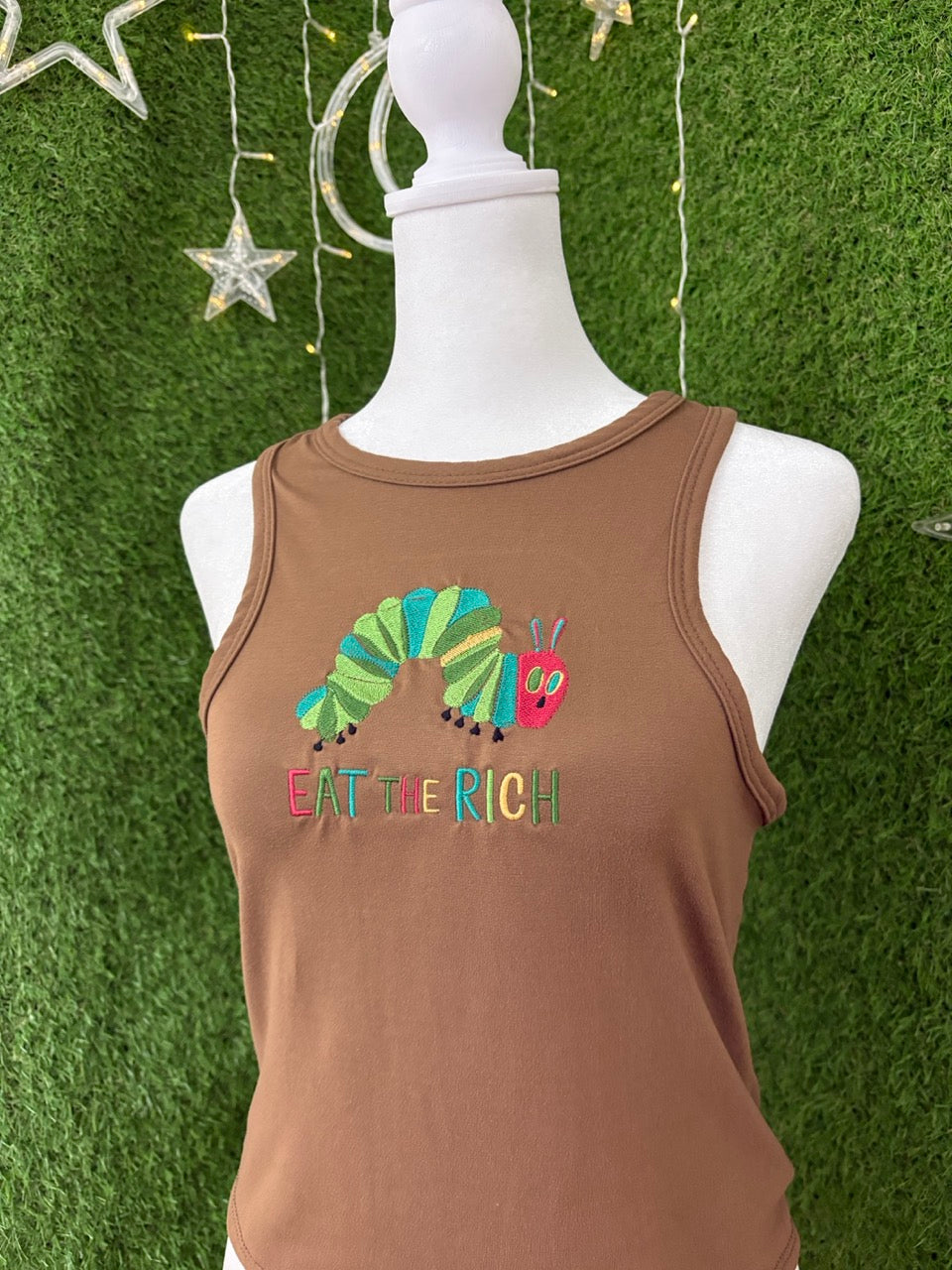 Eat the Rich Caterpillar Brown Tank Top L