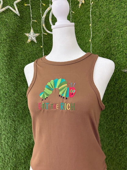 Eat the Rich Caterpillar Brown Tank Top L