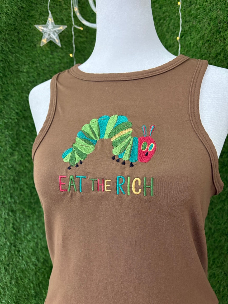 Eat the Rich Caterpillar Brown Tank Top L