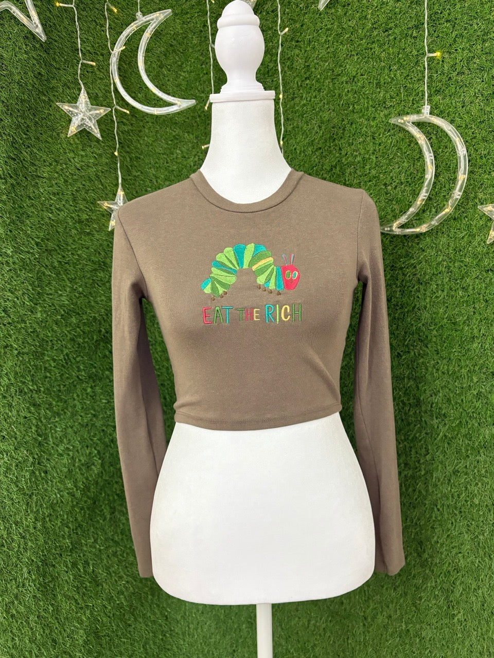 Eat the Rich Caterpillar Brown Cropped Long Sleeve M