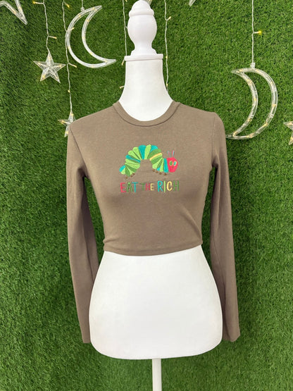 Eat the Rich Caterpillar Brown Cropped Long Sleeve M