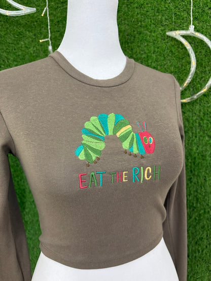 Eat the Rich Caterpillar Brown Cropped Long Sleeve M