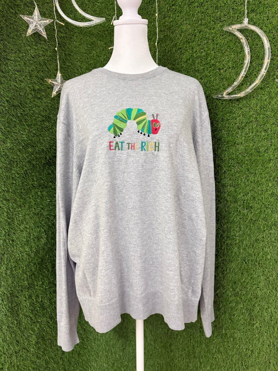 Eat the Rich Caterpillar Grey Long Sleeve Sweater L