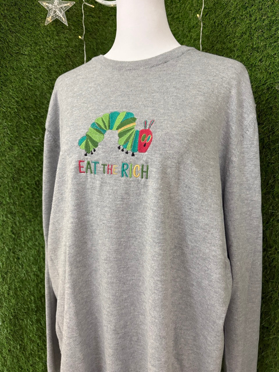 Eat the Rich Caterpillar Grey Long Sleeve Sweater L