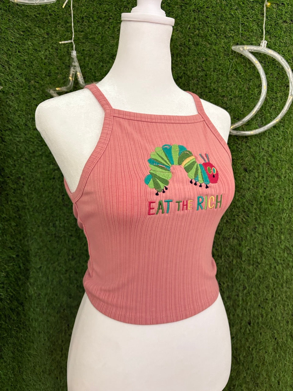 Eat the Rich Caterpillar Pink Tank Top S
