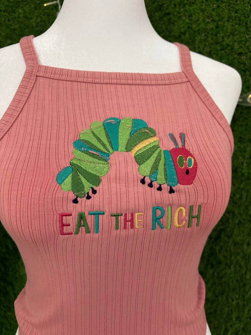 Eat the Rich Caterpillar Pink Tank Top S