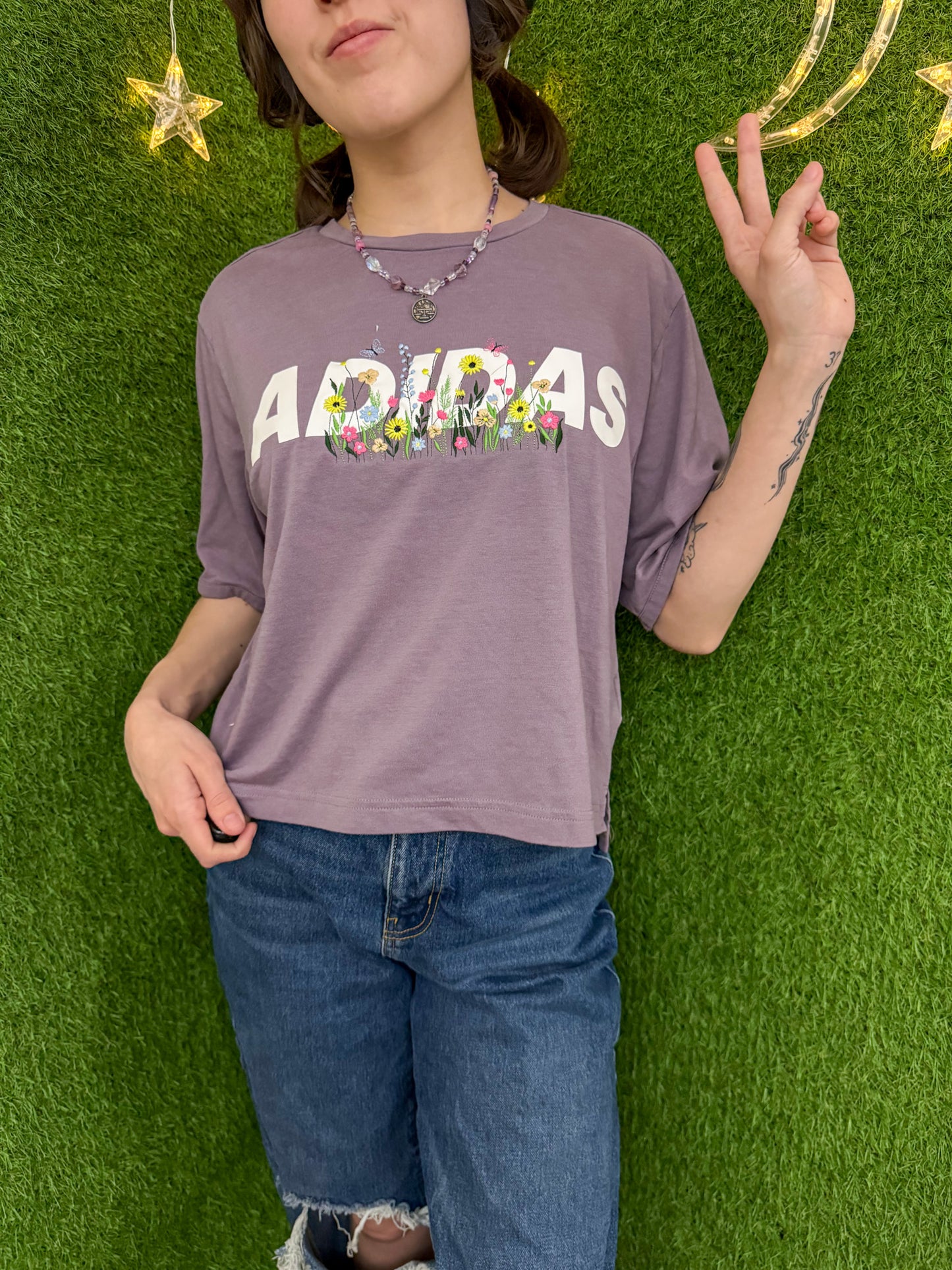 Adidas Floral Cropped Jersey Tee M