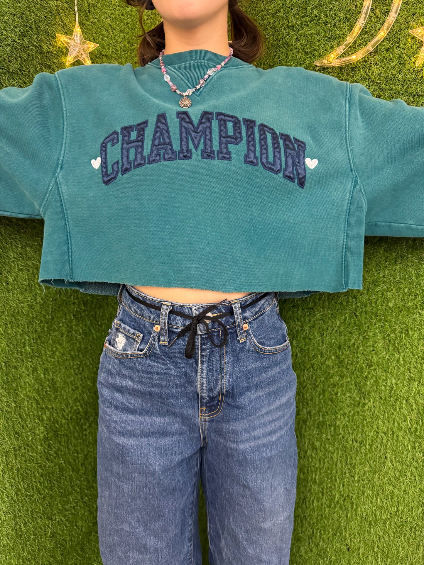 Champion with Little Hearts Teal Cropped Crewneck M