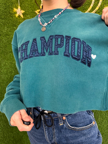 Champion with Little Hearts Teal Cropped Crewneck M