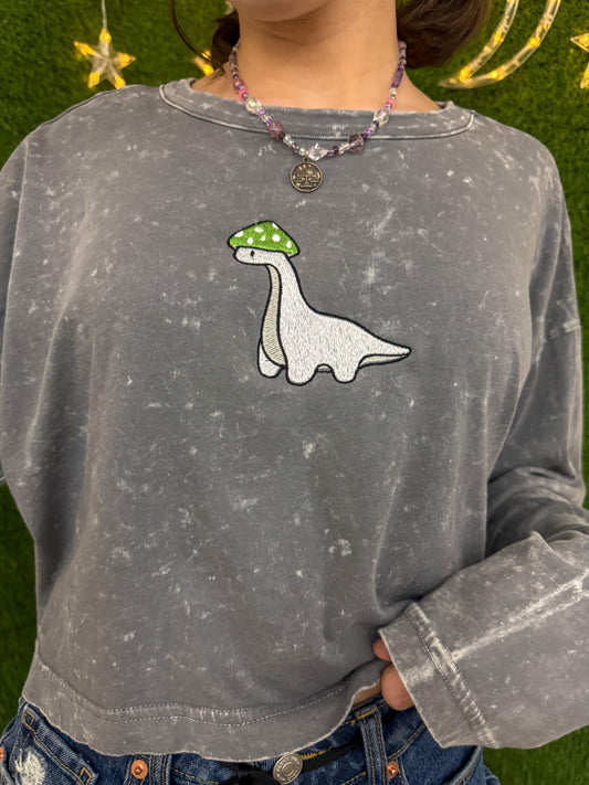 Mushroom Dino Grey Cropped Long Sleeve L