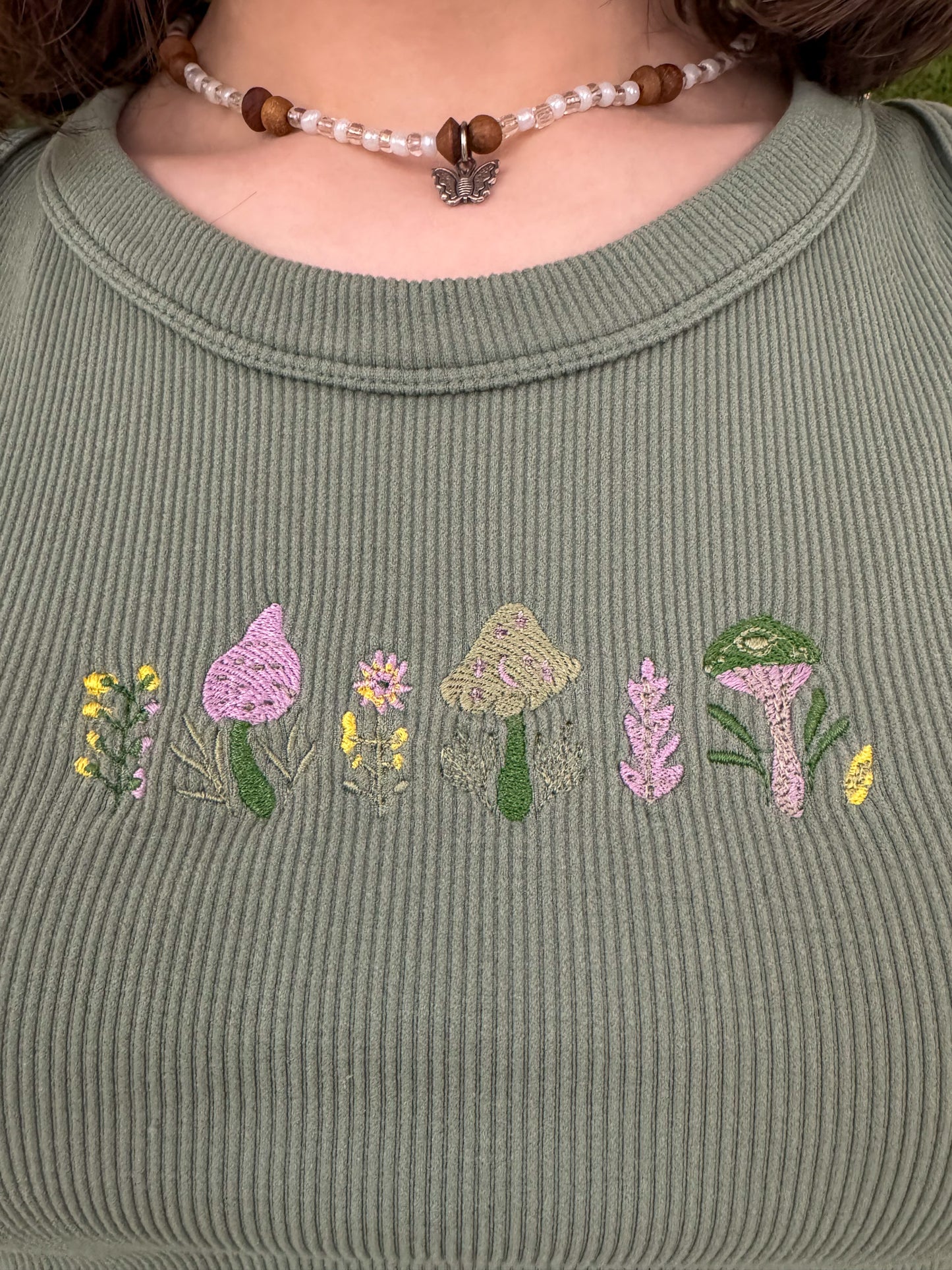 Mushrooms & Flowers Green Ribbed Tank Top XL