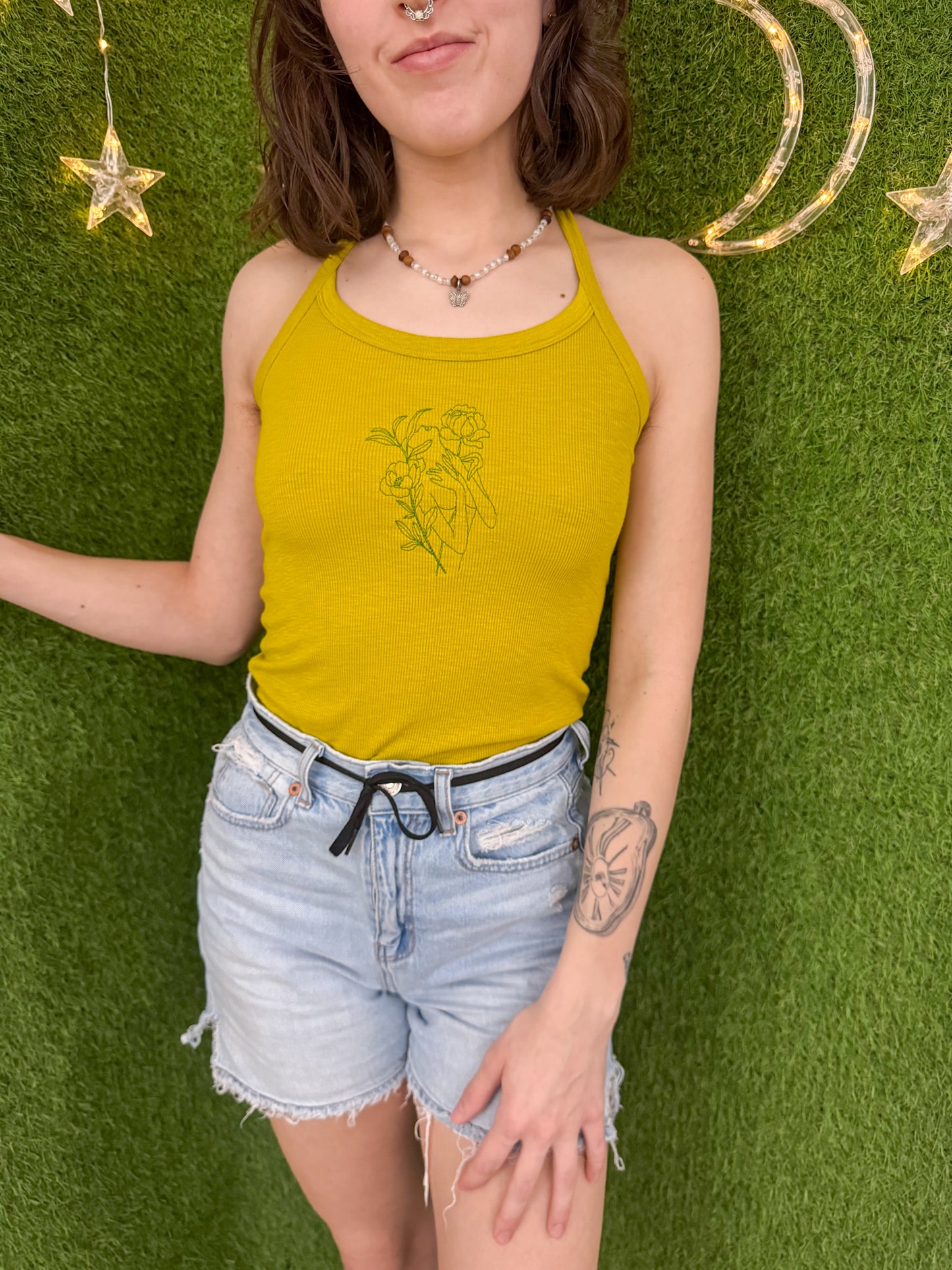 Floral Woman Neck Tied Tank XS