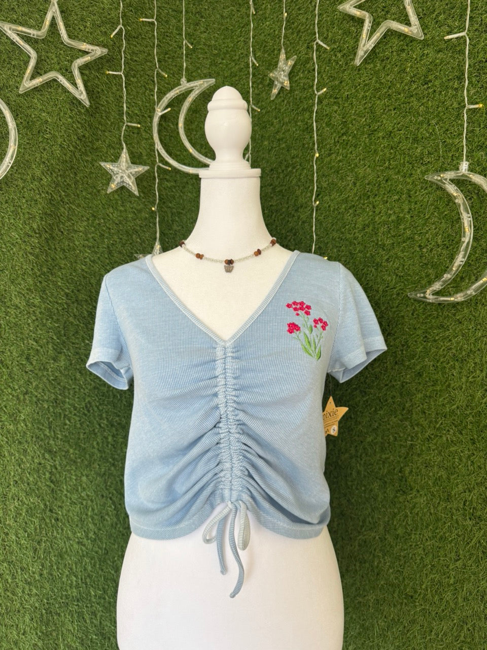 Little Flowers Cinched Front Blue Baby Tee S