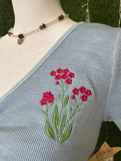 Little Flowers Cinched Front Blue Baby Tee S