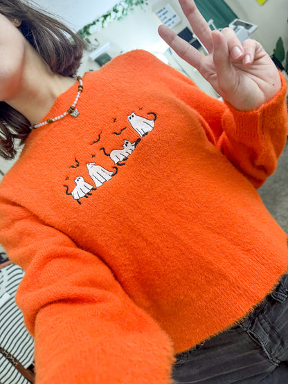 Ghost Kitties Fuzzy Orange Sweater S